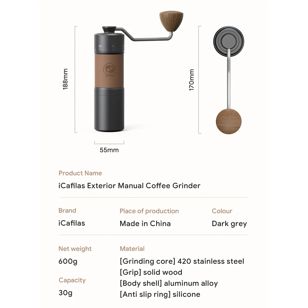 ICaFilas Coffee Grinder Manual 420 en acier inoxydable 30g Power 7Core 40 mm Titanium Placing Burr Hand Grinder