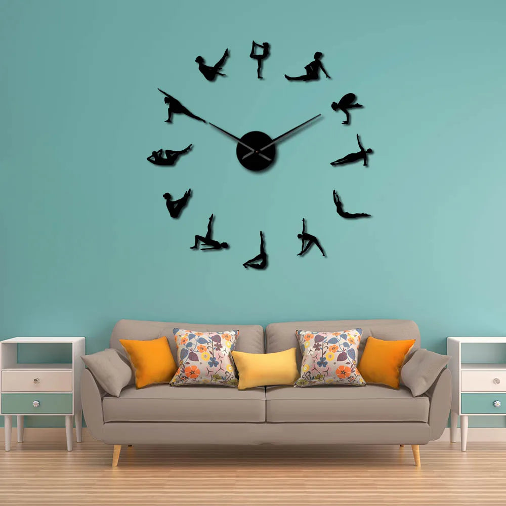 필라테스 포즈 여아 방 피트니스 센터 스포츠 운동 건강 조용한 시계 홈 체육관 장식 시계를위한 DIY 큰 바늘 벽 시계
