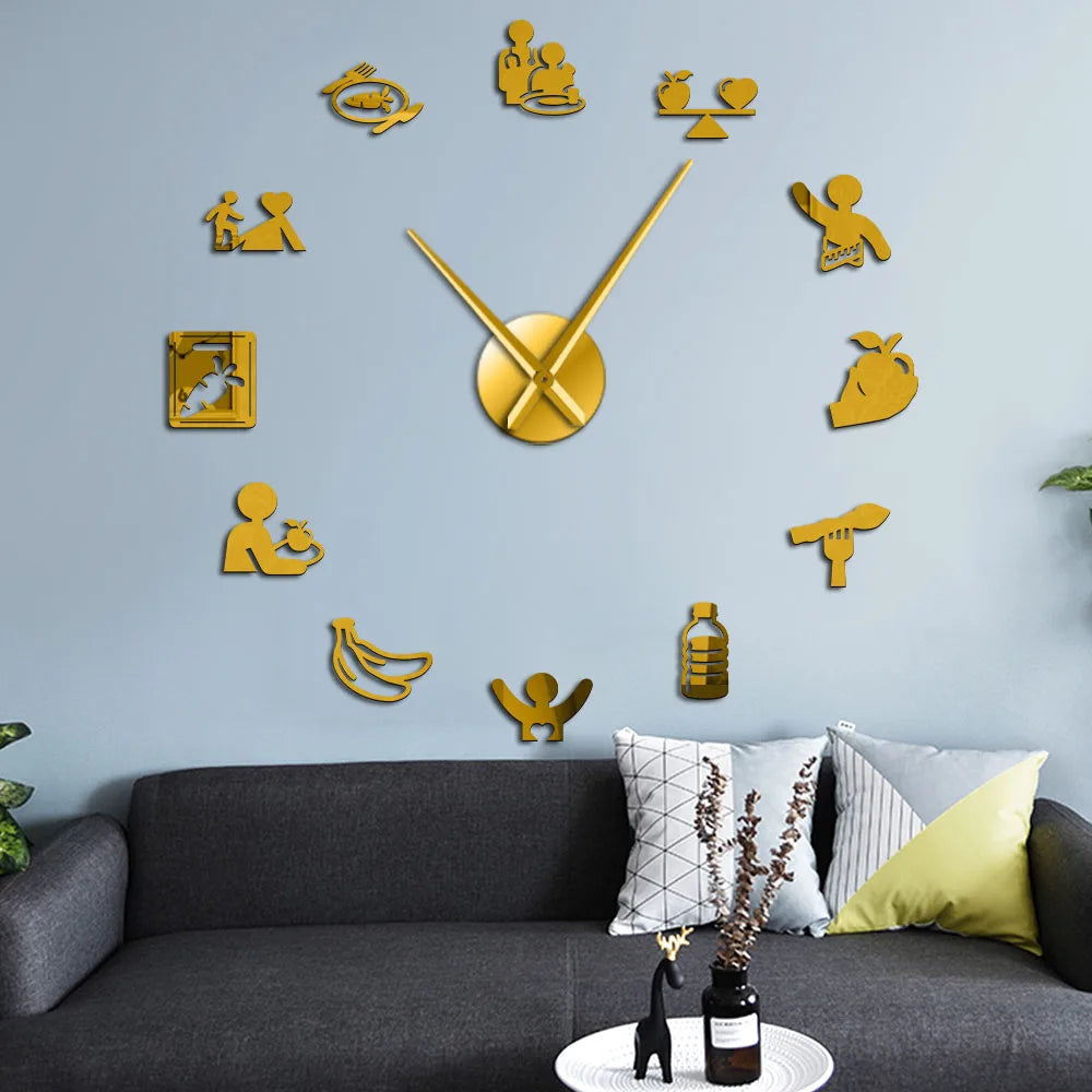 영양 관리 DIY 거인 프레임리스 벽 시계 건강한 식습관 영양사 대형 비 틱 조용한 시계 미러 스티커