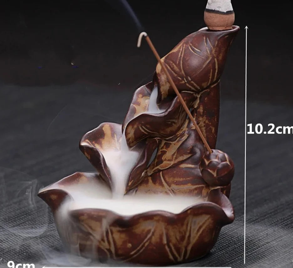 세라믹 로터스 향 버너 폭포 백 플로우 향 홀더 홈 장식 불교 아로마 검열 + 10pcs encense cones