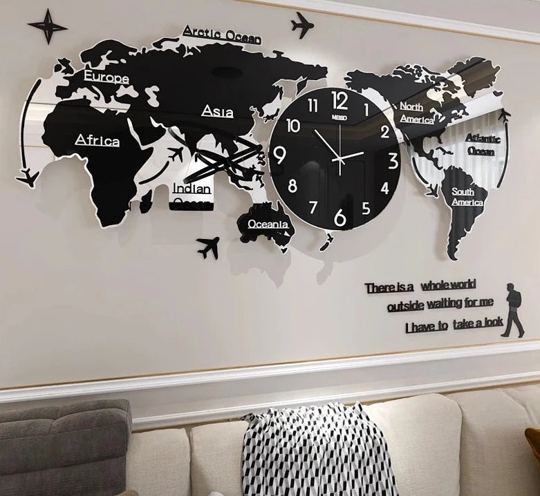 Creative World Map Large Luxury Wall Clock Modern Design vardagsrum Akryl 3D Heminredning Silent Wall Clock Reloj de Pared 2020