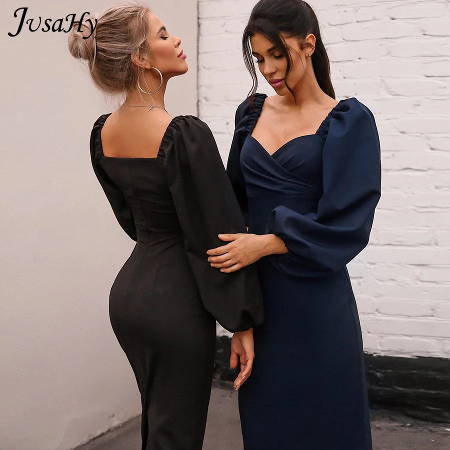 JusaHy Elegant Pure Color Latern Sleeves Bodycon Dress for Women Party Clubwear Formal Midi dresses Mujer Casual Streetwear Hot
