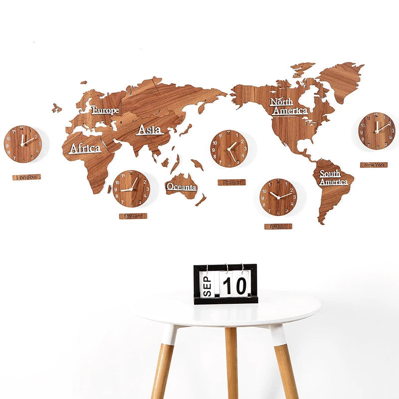 Relógio de parede grande mapa do mundo nórdico Relógios de madeira Decoração de casa de parede Creative Silent Watches Silent