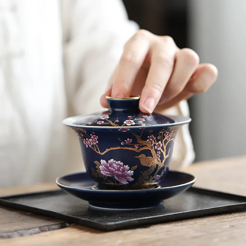 Gongfu 티 세트 세라믹 San Cai Gai Wan China Handmade Tea Cups Gaiwan Tureen 손으로 그린 ​​차 그릇