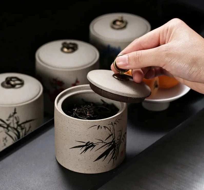 Stoneware Tea Caddy Ceramic Porcelain Teaware Tea Moisture-proof Sealed Cork Cloth Cover Storage Jar