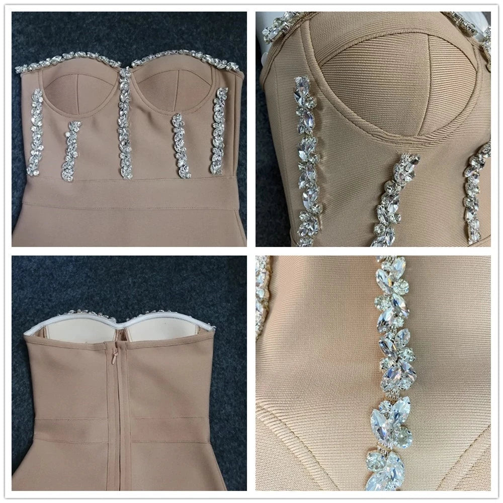 Sexy Strapless Women Dress Bandage Bodycon 2023 New Elegant Beading Party Evening Club Midi Dresses Summer Autumn Clothes