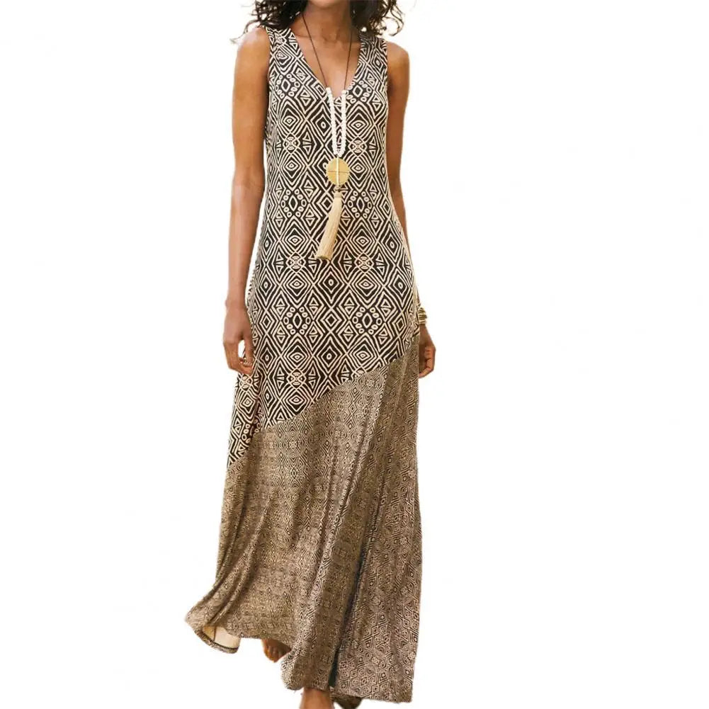 Women Loose Dress Vintage Geometric Print V Neck Sleeveless Dress for Beach 50% Hot Sale