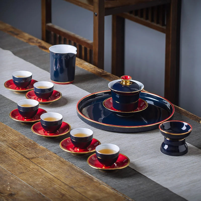 Tazón de té de estilo chino, dibujo de cerámica dorada sagrada gaiwán, pintada a mano, cubierta de glaseado de zafiro, fabricante de té