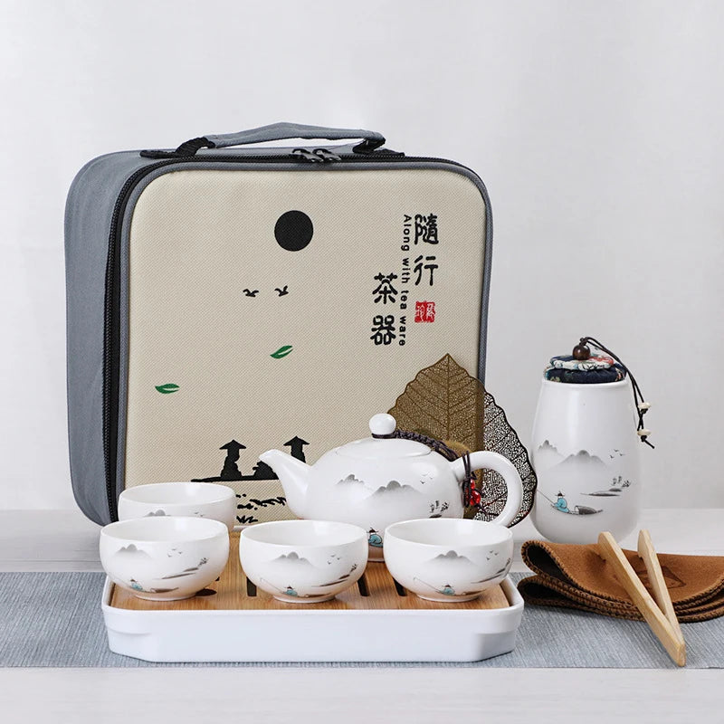 중국 여행 쿵푸 티 세트 세라믹 휴대용 주전자 도자기 도자기 가제 가이완 티 컵 찻집 차 의식 가방