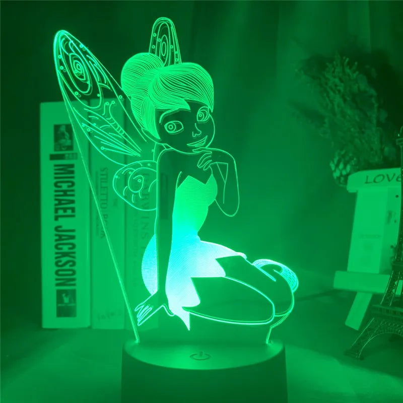 Fairy tinkerbell figura 3d luz visual led noite luz princesa tinker sino decoração de cor de cor de ilusão de cor de ilusão