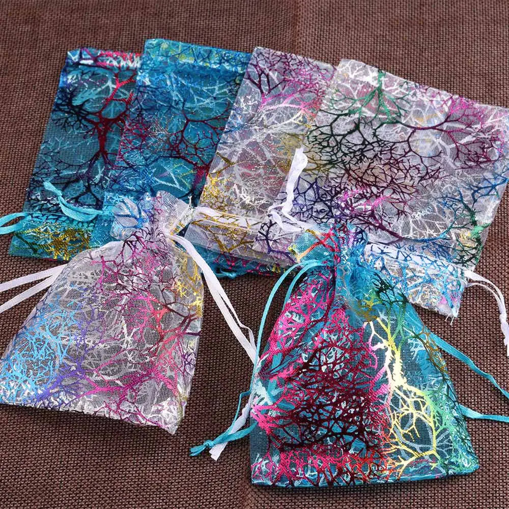 25pcs/lot 50pcs/lot Gift Bag Jewelry Packaging Organza Drawstring Bag Multi-size Colorful Trees Printing Party Wedding Candy Bag