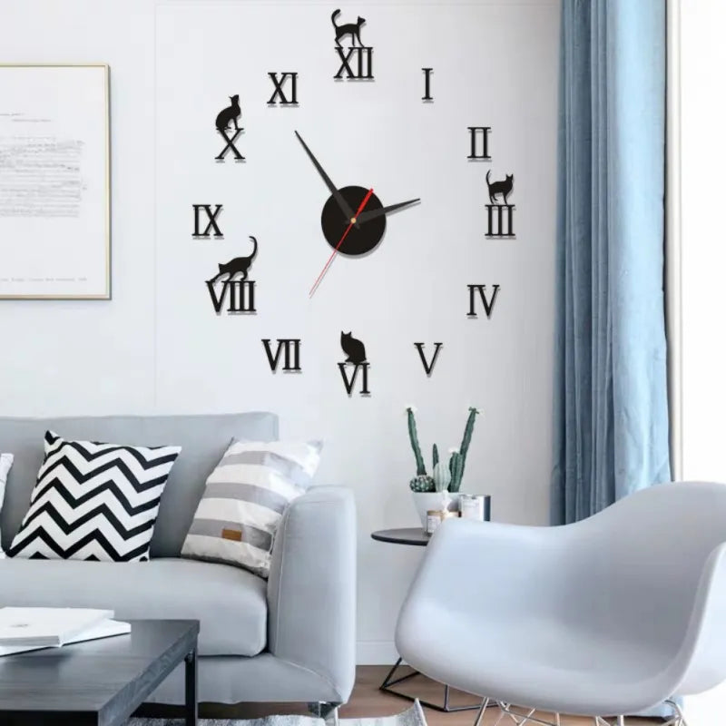 Modern Home Decor Wall Clocks Brief Roman Number Mirror Diy Clocks Digital Watch Quartz Living Room 3D Cat Design Wall Stickers