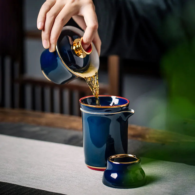 Tazón de té de estilo chino, dibujo de cerámica dorada sagrada gaiwán, pintada a mano, cubierta de glaseado de zafiro, fabricante de té