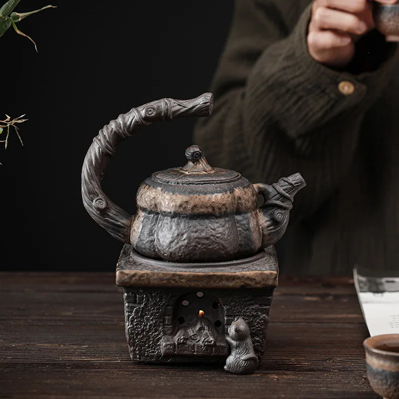 Gold Pumpkin Loop-Handled Teapot Japanese Style Handmade Stoneware Teapot Single Teapot Ceramic Kung Fu Tea Tea Ceramic Teapot