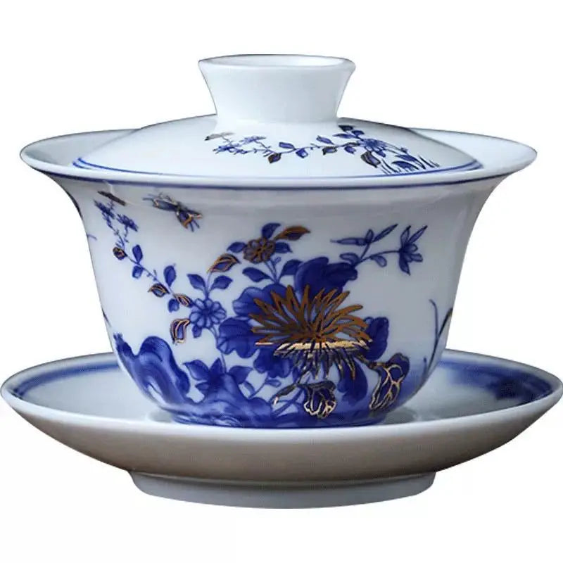 Gongfu Tea Set Ceramic San Cai Gai Wan Kina Håndlavede tekopper Gaiwan Tureen Håndmalte tebåle