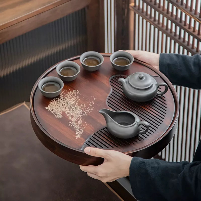 Plateau à thé rond en bambou de haute qualité chinois kung-fu set de cheval motif de cheval plaque de thé rangement de thé à thé cha poêle