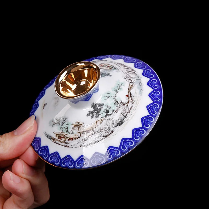 300 ml de té blanco y blanco Tureen Paisaje pintado a mano Arte Sancai Tea Cup Gaiwán Kung Fu Té Decoración Home Accesorios Regalos