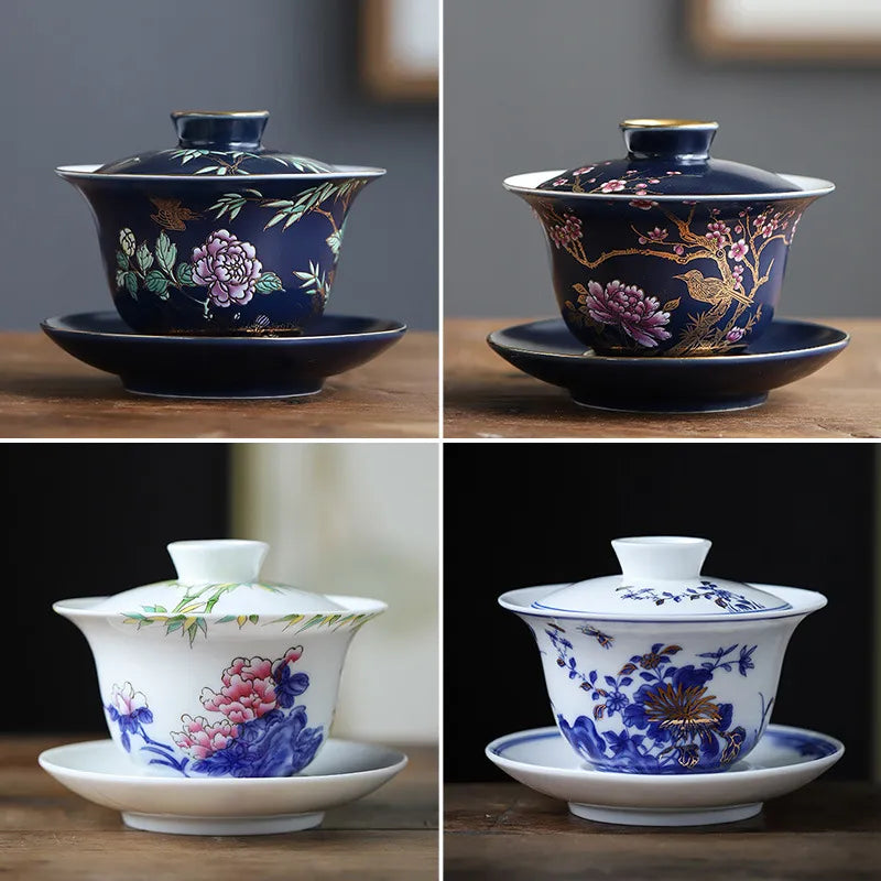 Gongfu çay seti seramik San Cai Gai Wan Çin El Yapımı Çay Bardakları Gaiwan Tureen El boyalı Çay Kaseleri