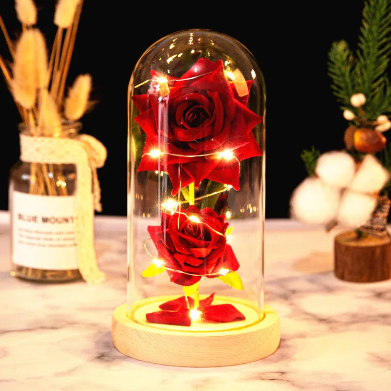 2022 LED LED Enchanted Galaxy Rose Eternal 24 Karat Goldfolienblume mit Feenschnurleuchten in Kuppel zum Weihnachts -Valentinstag Geschenk
