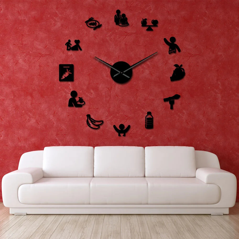 영양 관리 DIY 거인 프레임리스 벽 시계 건강한 식습관 영양사 대형 비 틱 조용한 시계 미러 스티커
