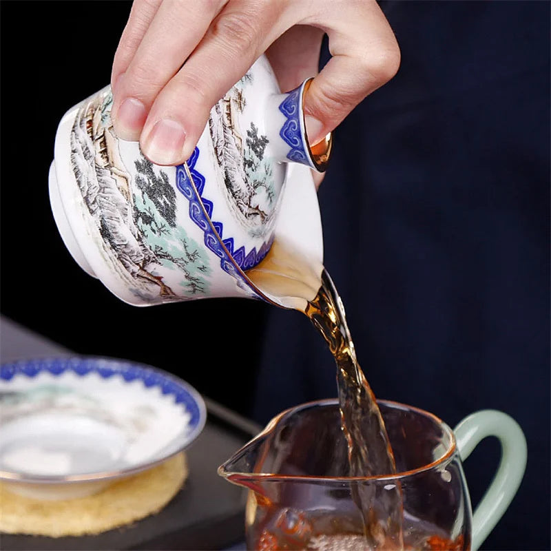 300 ml sinisen ja valkoisen teetä Tureenin käsinmaalatut maisemataidetta pyhätekuppi Gaiwan Kung fu Tea Home Decoration Avaruste lahjat