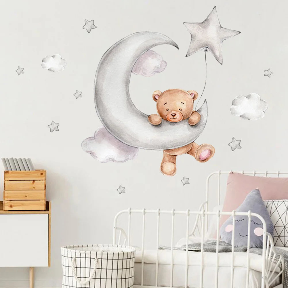 Bear Moon Clouds Stars Wall Stickers Bilik Tidur Untuk Bayi Kanak -kanak Bilik Latar Belakang Rumah Hiasan Ruang Tamu Wallpaper Nursery Sticker