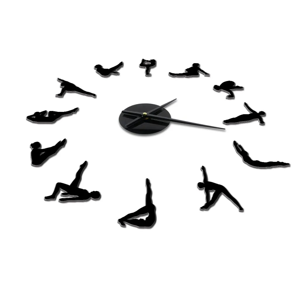 Pilates Poses Diy Big Needles Wall Clock For Girls Room Fitness Center Sport Exercise Health Quiet Watch Home GYM Decor Clock