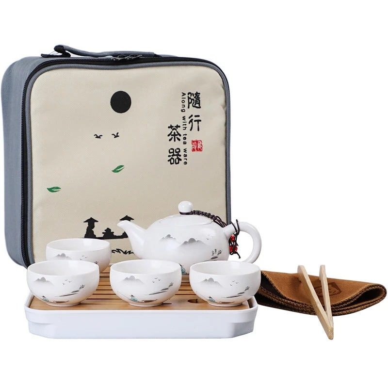 Kinesiska resor Kung Fu Tea Set Ceramic Portable Teapot Porcelain Teaset Gaiwan Tea Cups te Ceremony Te Pot With Travel Bag
