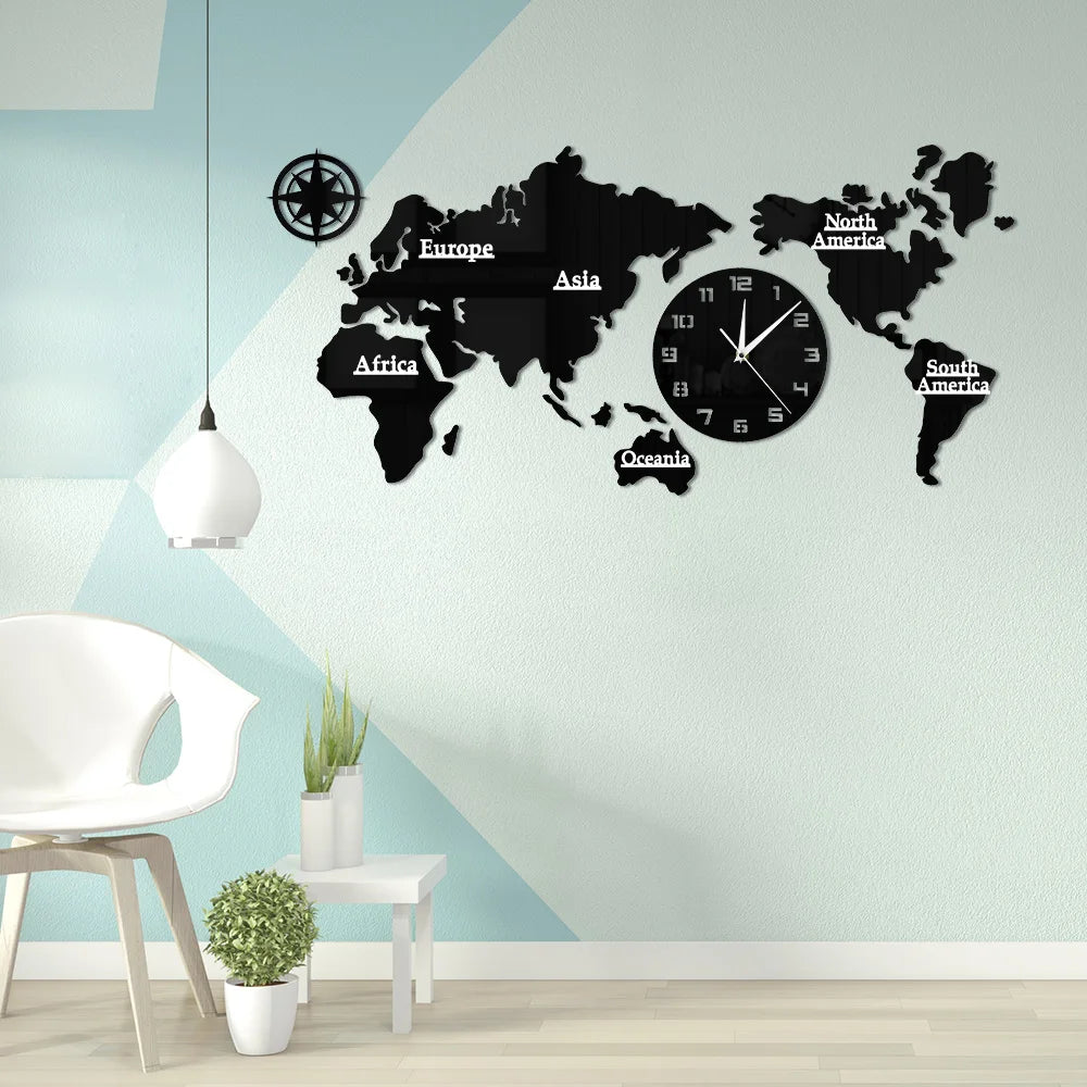خريطة العالم ساعة حائط حديثة ديكور المنزل ساعة حائط كبيرة صامتة غير موقوتة ساعة حائط مكتب الجغرافيا جدار الفن فكرة هدية السفر
