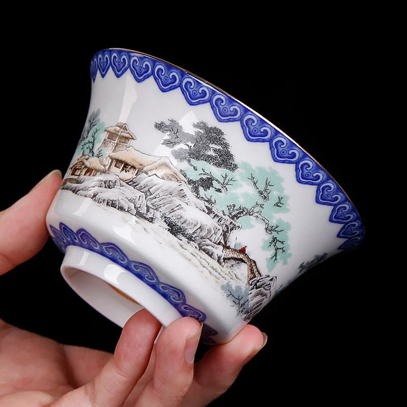 300ml Teh Biru dan Putih Tureen tangan dicat lansekap seni sancai cangkir teh gaiwan kung fu teh dekorasi aksesoris hadiah