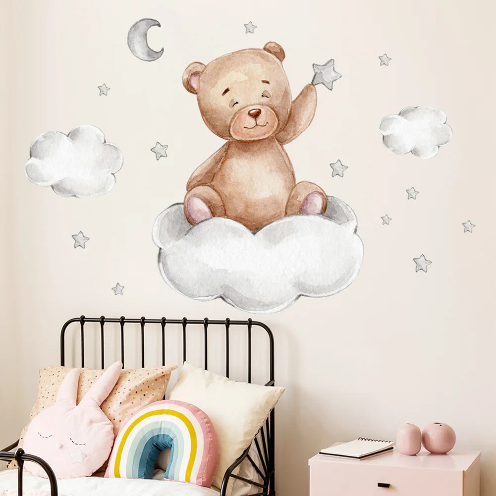 Bear Moon Clouds Stars Wall Stickers Bilik Tidur Untuk Bayi Kanak -kanak Bilik Latar Belakang Rumah Hiasan Ruang Tamu Wallpaper Nursery Sticker