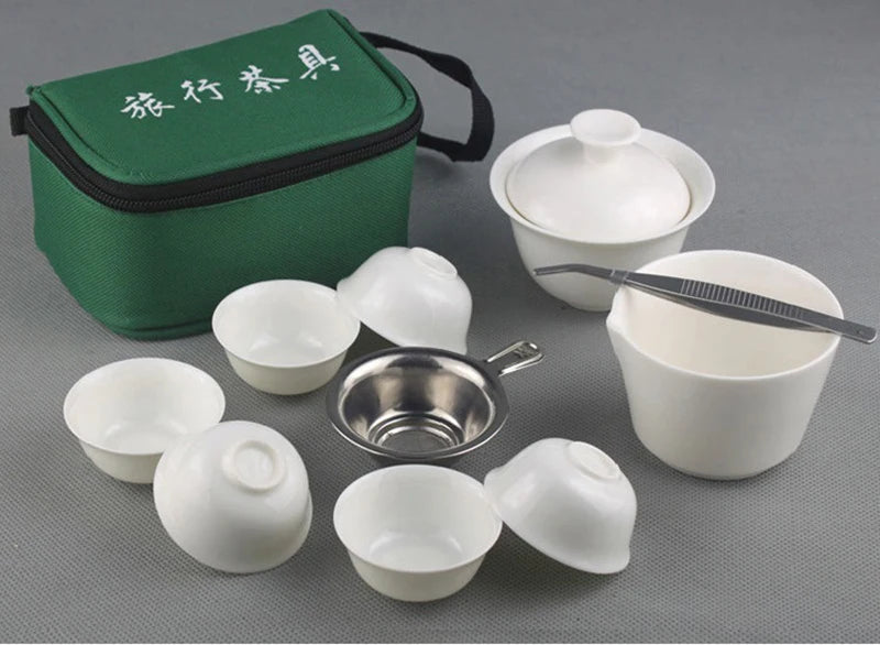 Juego de té de viaje portátil, teas de cerámica china Drinkware Gaiwán Copa de té de porcelana del kungfu set de tetera al aire libre