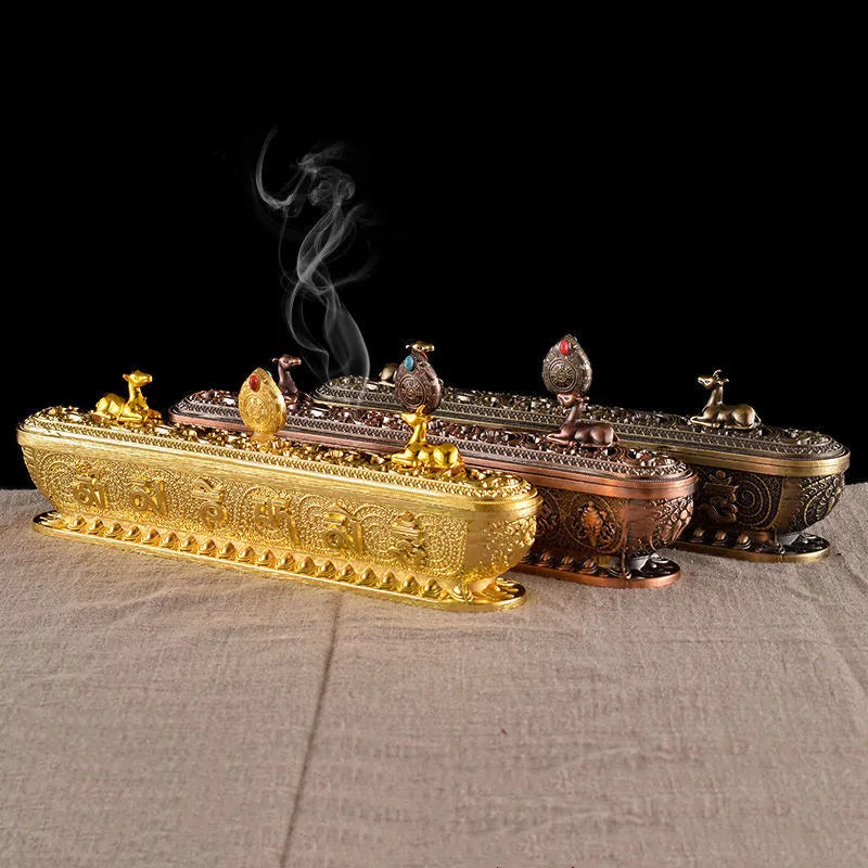 Sanskrit Incense Stick Burner Alloy Buddhist Tibetan Indoor Gold Meditation Engraving Temples Smoke Supply Furnace Ornaments