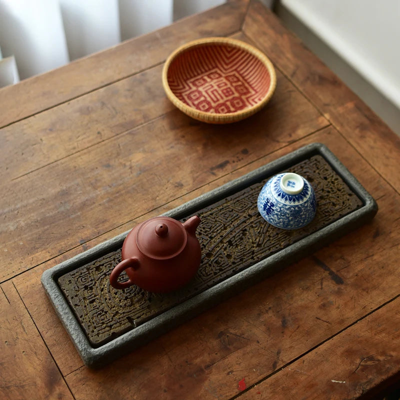 Bandeja de chá placa de pedra natural dragão decoração chinês mesa de casa retangular acessório antiguidades gongfu teaware de gongfu