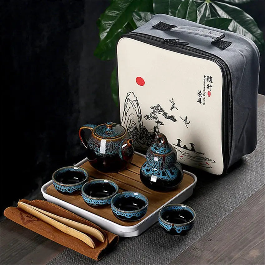 Kung fu kung fu set keramik keramik teko porselen teaset cangkir teh gaiwan upacara teh panci teh dengan tas perjalanan