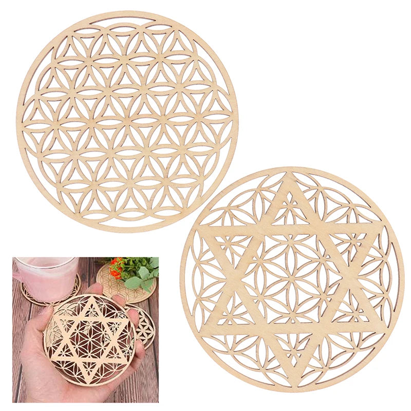 1pc Creative Chakra Chakra Pattern Coaster Wood Flower Of Life Natural Symbol Round Edge Coaster For Stone Crystal Set Diy Decor