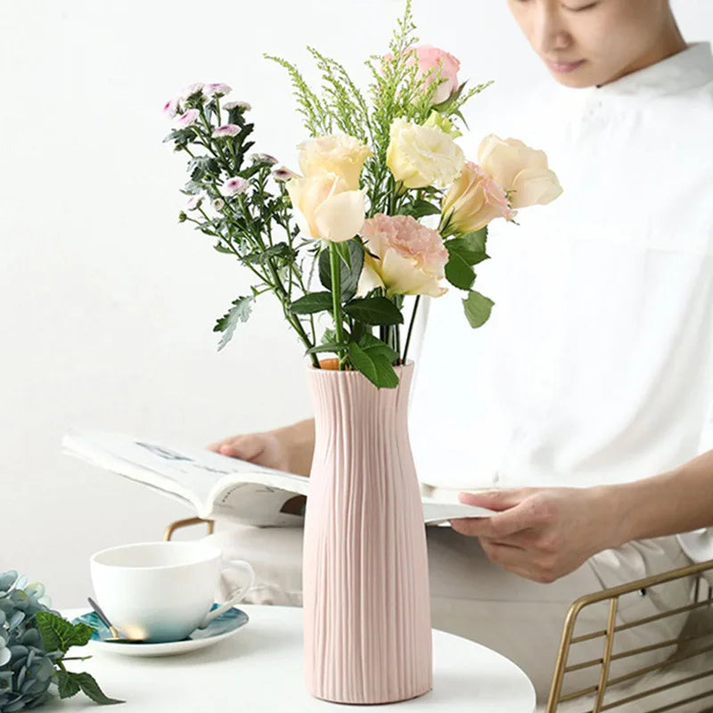 Plastic Vase Home for Decoration White Imitation Ceramic Flower Pot Plants Basket Nordic Wedding Decorative Dining Table Bedroom