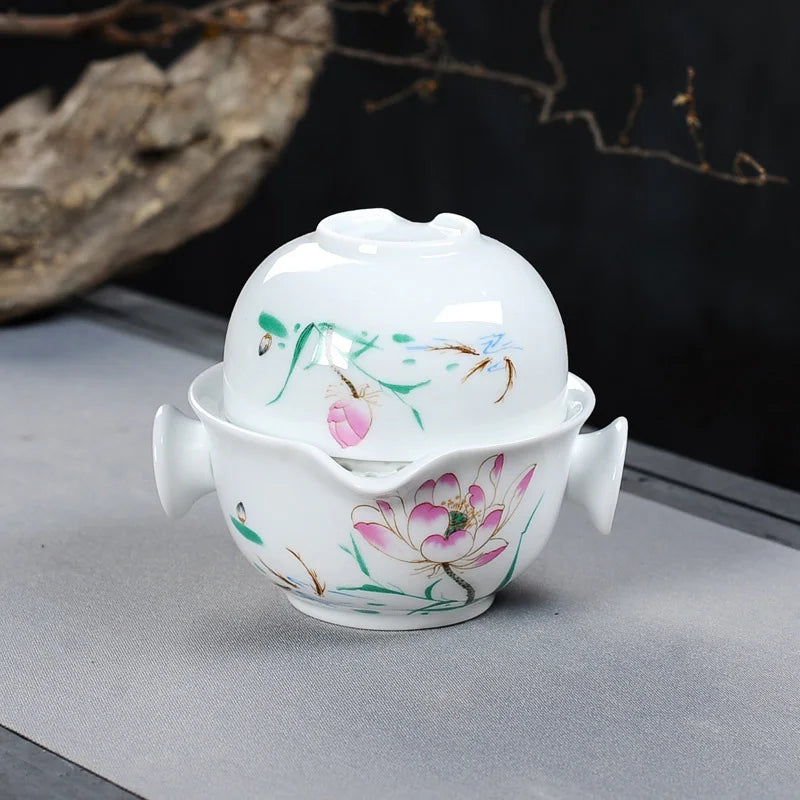 Lukisan Landskap Cina Set Tea Perjalanan termasuk 1 periuk 1 cawan, cerek teko yang indah dan mudah, gaiwan gaiwan elegan kung fu