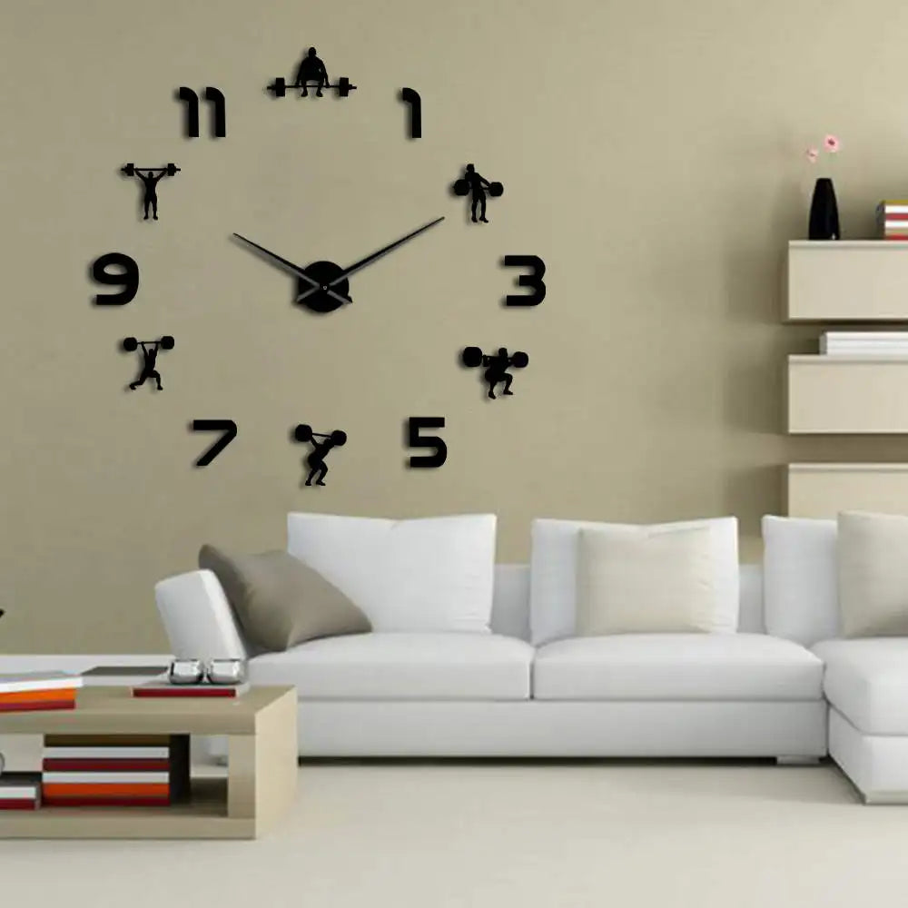 Weightlifting Fitness Room Wall Decor DIY Giant Mute Wall Clock Mirror Effect Powerlifting Frameless Large GYM Wall Clock Watch