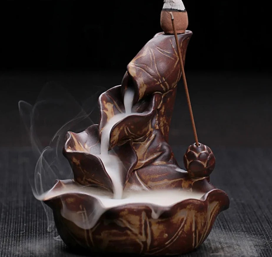 Keramisk lotus røgelse brænder vandfald tilbagestrømning røgelse indehaveren boligindretning buddhistisk aroma censer + 10 stk røgelse kegler