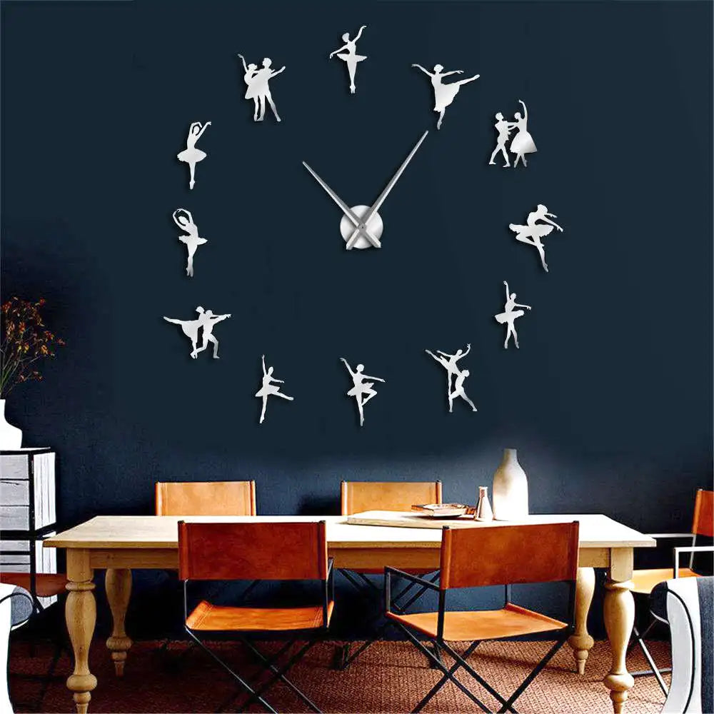Ballerina 3D Clock Wall Sticker Large Wall Clock Modern Design Frameless Giant Ballet Dancer Wall Art Decor House Clocks