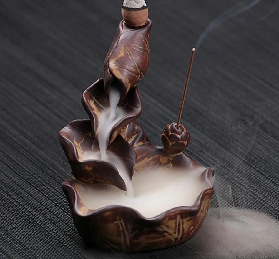 Keramisk lotus rökelse brännare vattenfall backflow rökelsehållare hem dekor buddhist aroma censer + 10 st rökkottar