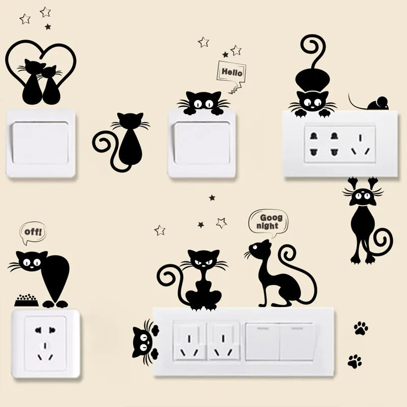 Cartoon Black Kitty Switch Switch Switch Decor de casa Decoração de fundo Decoração de arte mural Decalques criativos DIY Gatos adesivos de parede