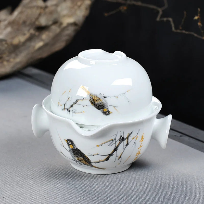 طقم شاي للسفر برسم المناظر الطبيعية الصينية يتضمن وعاء واحد وكوب واحد، غلاية إبريق شاي جميلة وسهلة، طقم شاي الكونغ فو أنيق من جيوان