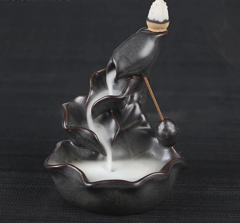 Ceramic Lotus Incense Burner Waterfall Backflow Incense Holder Home Decor Buddhist Aroma Censer + 10Pcs Incense Cones