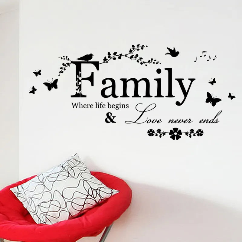 Cinta Keluarga Tidak Pernah Berakhir Kutipan Vinyl Wall Sticker Dinding Decals Lettering Seni Kata -kata Stiker Dekorasi Rumah Poster Dekorasi Pernikahan