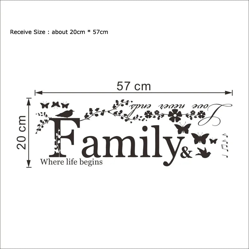 Family Love slutar aldrig Citat Vinyl Wall Sticker Wall Decals Bokstäver Konstord Klistermärken Heminredning Bröllopsdekorationsaffisch