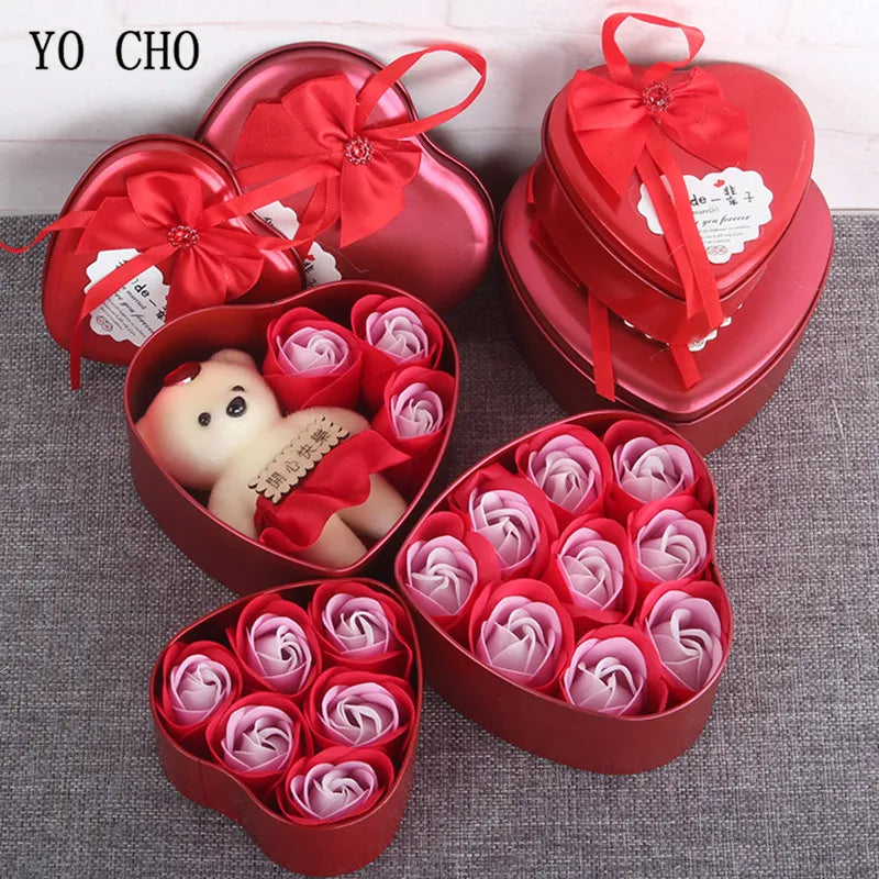 YO CHO Artificial Flower 3/4/6 Pcs Roses Bear Soap Flower Gift Box Valentine's Day Mother's Day Wedding Newyear Gift for Wife