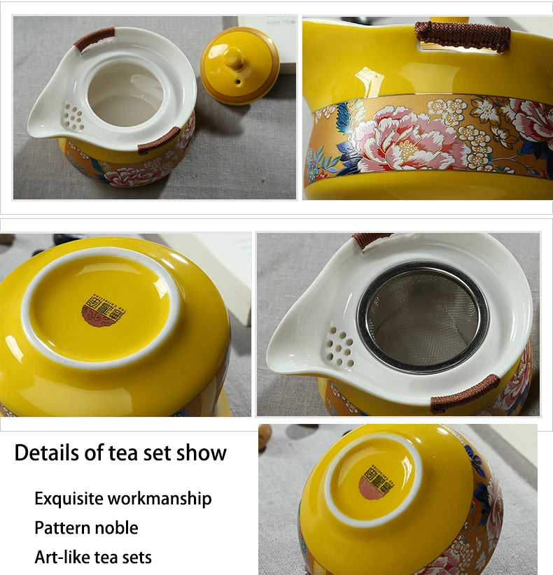 Set da tè in ceramica glassa gialla rossa, da viaggio gai wan teaset include 1 pentola 1 tazza, viaggio fantasy ricchezza portatile gong fu gaiwan