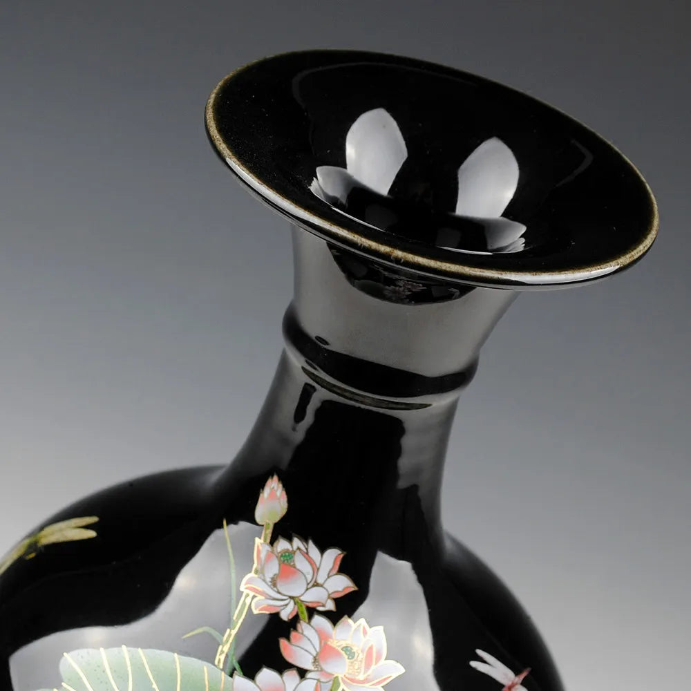 Jingdezhen Glaze Sharpy Black Ceramic Vas Pattern Lotus Untuk Ruang Duduk Rumah Modern Dias